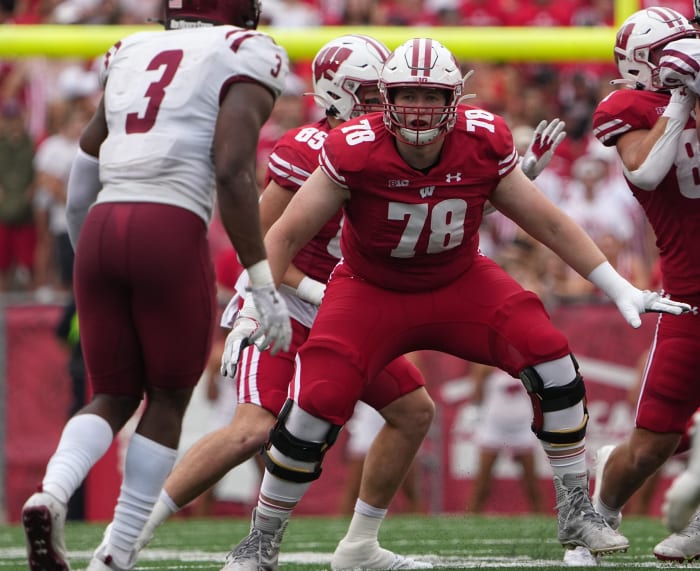 Wisconsin offensive lineman Trey Wedig (78) in pass protection during the first quarter of their game against New Mexico State Saturday, September 17, 2022 at Camp Randall Stadium in Madison, Wis.